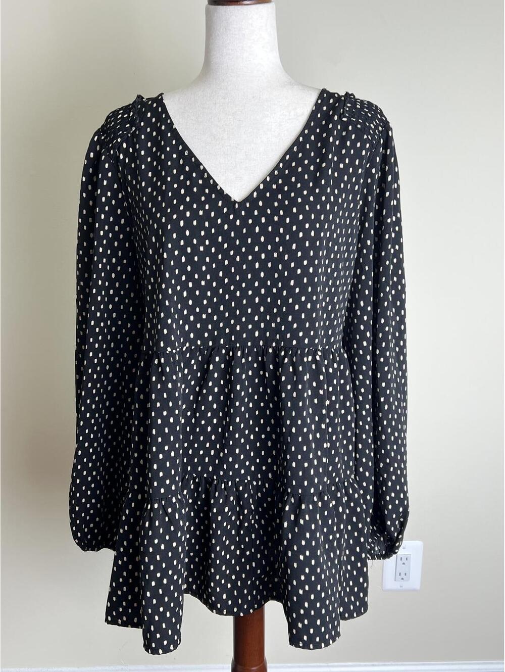 Jodifl 1X Black Tiered Babydoll Tunic Blouse Polka Dot Boho Loose Fit